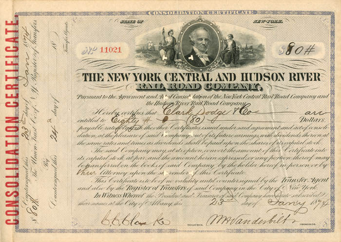 New York Central and Hudson River Railroad Co. signed by Wm. H. Vanderbilt